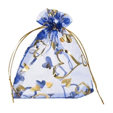 50 Pcs Organza Bag 3.5"x4.7" Sheer Heart Mesh Bags Drawstring Bright Blue-Gold