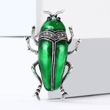 Retro Green Enamel Beetle Brooch Crystal Insect Pin Silver Nature Jewelry Gift