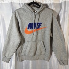 Nike Hoodie Mens Small Club Fleece Pullover Grey Orange Blue Sweater FN3104-063