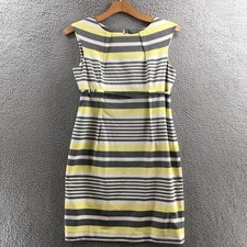 Calvin Klein Dress Womens 14 Yellow Gray Striped Sleeveless Sheath Knee Length