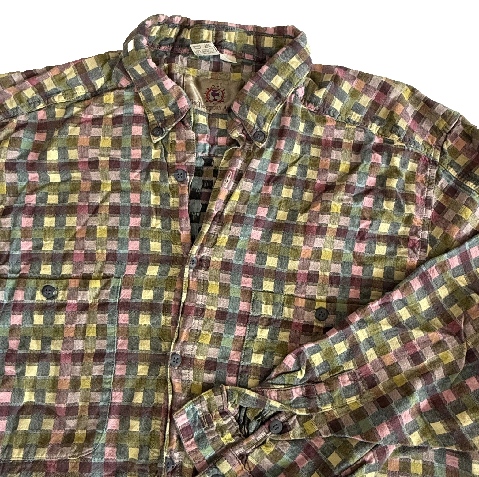 VINTAGE TERRITORY AHEAD SHIRT MENS L BUTTON DOWN MULTICOLOR CHECK LONG SLEEVE