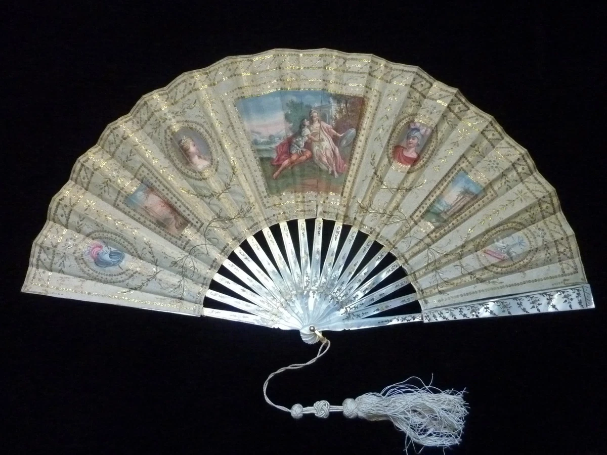 Éventail Ancien 19ème - Scènes Peintes Tric Trac Et Paysages - Bois Et Papier - France