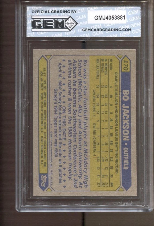 Bo Jackson Topps #170 1987 gema como nueva 10 radiocontrol novato Kansas City Royals Foto 2 de 2