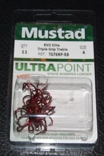 Mustad TG76NPRB-04 KVD Red Triple Grip Size 4 Treble Hooks 2X Short