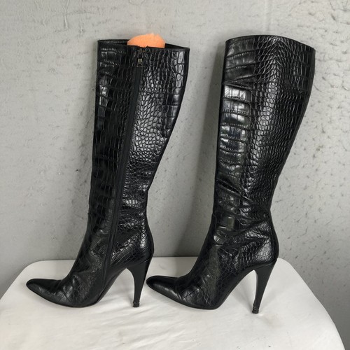Prada Boots Womens 6.5 US 37 EU Black Crocodile Print Leather Knee High Heeled - Picture 6 of 24
