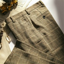 Men Herringbone Tweed Pants Retro British Check Wool Blend Straight Trouser Slim