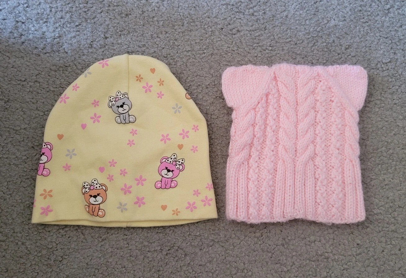 Toddler Hat Washable Hand Knit Stretchy Spring Girl Beanie Hat Lot Of 2 Cat Ears