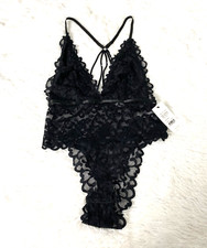 Oh La La Cheri Eyelash Lace Halter Black Bodysuit Teddy Lingerie Size L/XL