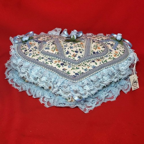 Vintage Fabric Lace Flower Pearls Heart Trinket Box Handmade - Picture 9 of 11