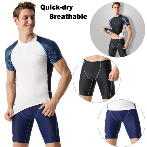 Men's Swimming Suit Short Sleeve Top Shorts Rashguard Qucik Dry Surfing Swimwear