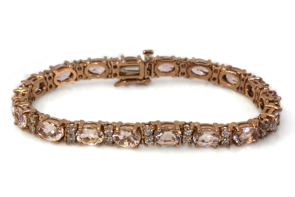 Brazalete de tenis de oro rosa sólido de 14 k con diamantes morganita melocotón natural de 14,6 quilates 7" Foto 3 de 4