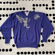 Vintage Sweater Women Medium Blue Pearls Pullover 80s 60s Rockabilly Grandmacore