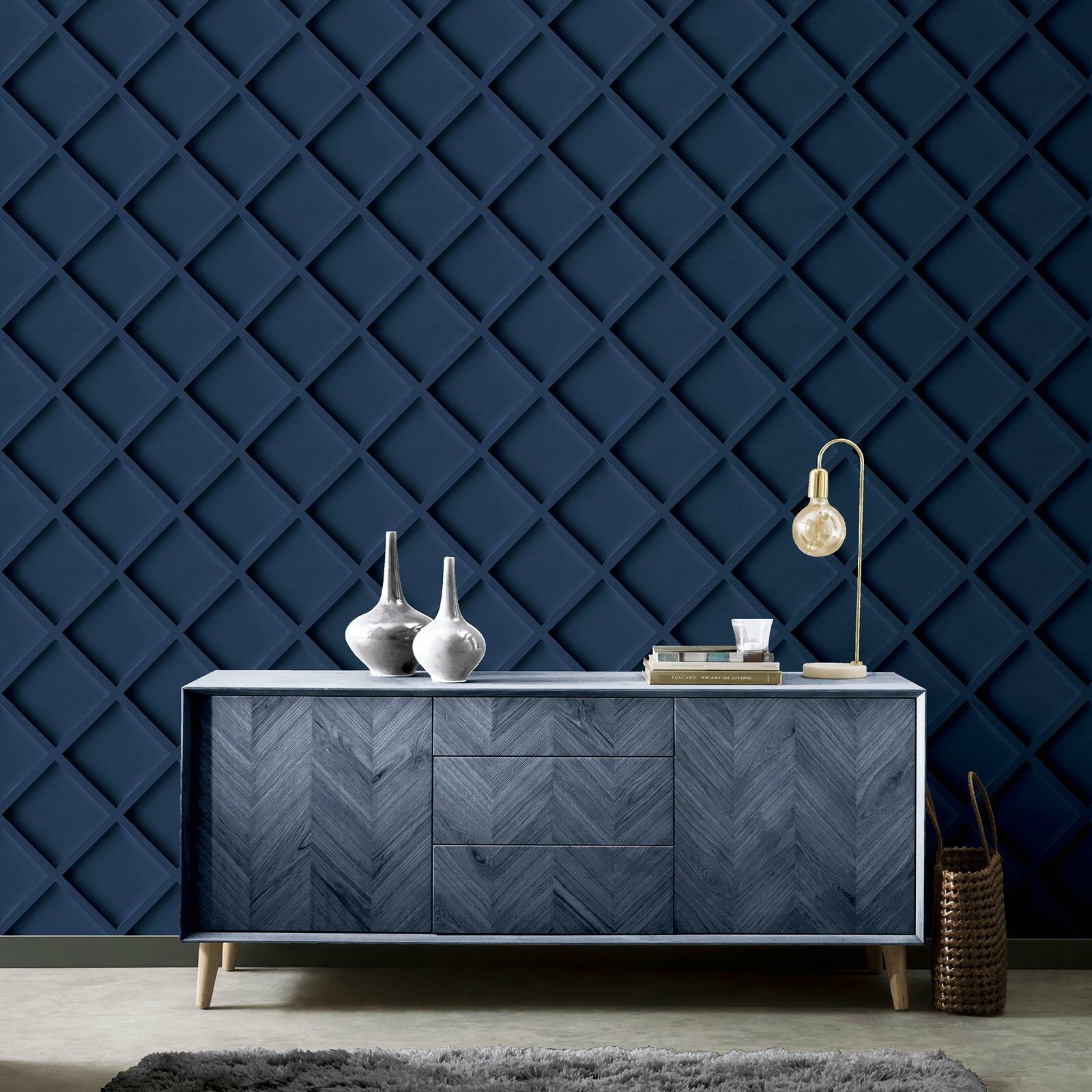 3D Effect Wood Trellis Wallpaper Arthouse Navy 921306 Diamond Panels