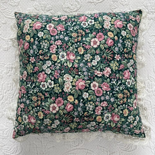 Handmade Pillow Patchwork Woven Floral Polka Dot Boho Cottage Lace Trim 14x14 - Picture 8 of 17
