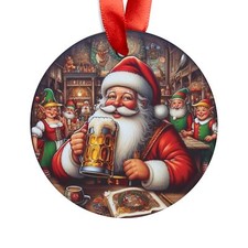 Beer Drinking Santa with Elves, Personalized Round Acrylic Ornament Gift