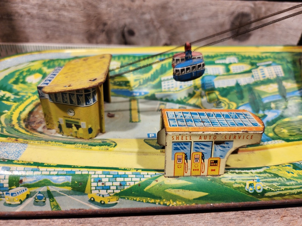 Vintage Technofix Wind Up Toy Cable Car Germany, 50's Yellow roof