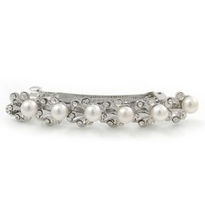 Bridal Wedding Prom Silver Tone Crystal Diamante  Simulated Pearl Barrette H...