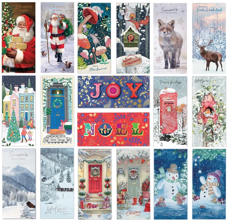 EVELAY LTD Christmas Cards 16 Card Pack Box Set Slim Photo Xmas Traditional Santa Snowman