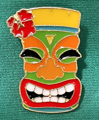 NWOT Orange Tiki Brooch Lapel Pin Enamel Hibiscus Beach Tropical Summer Hawaii