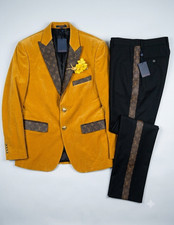 Men's Gold Velvet 2-Piece Suit Black Trim 38R 32x32 Notch Lapel Lined
