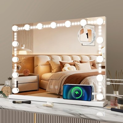 Puluomis Hollywood Schminkspiegel mit 15 LED Beleuchtung Dimmbar 58x46cm USB