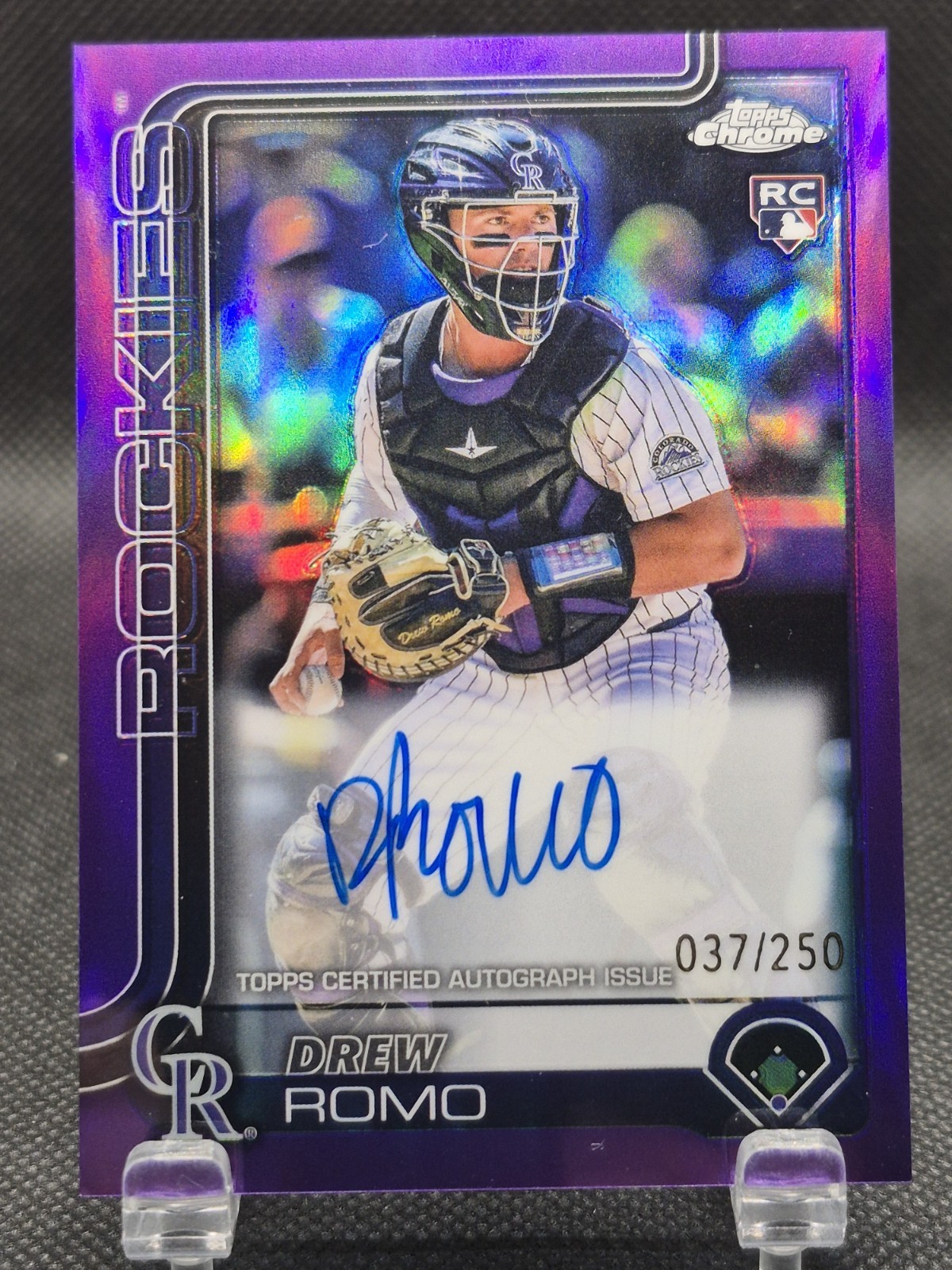 2025 Topps Chrome Drew Romo Rookie Auto RC Purple Refractor #RA-DRR /250 Rockies