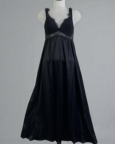 RARE Vintage 80s Scassi Large Black Lace Long Maxi Nightgown Nylon Padded Bust