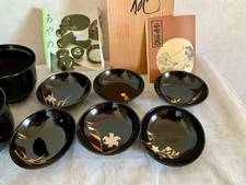 Yamanaka-nuri lacquerware soup bowl with flower design lid, set of 6