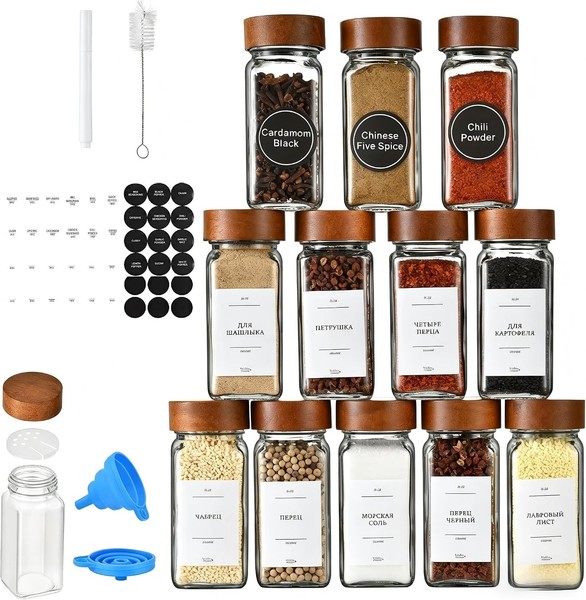 GewüRzgläSer Set 12Er 120Ml Eckig Glas Mit Streueinsatz Trichter Etiketten-image