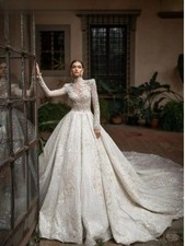 Sequins Appliques Wedding Dress Modest High Collar Long Sleeve Bridal Gown