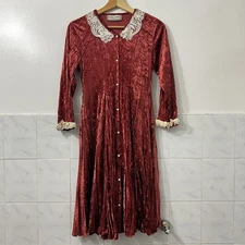 Vintage XS Red Crushed Velvet Midi Dress Victorian Whimsigoth Fairy Grunge 80s
