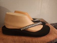Yellow Box Womens sz 10 Black Rhinestones Slip On Wedge Flipflop Sandals 41