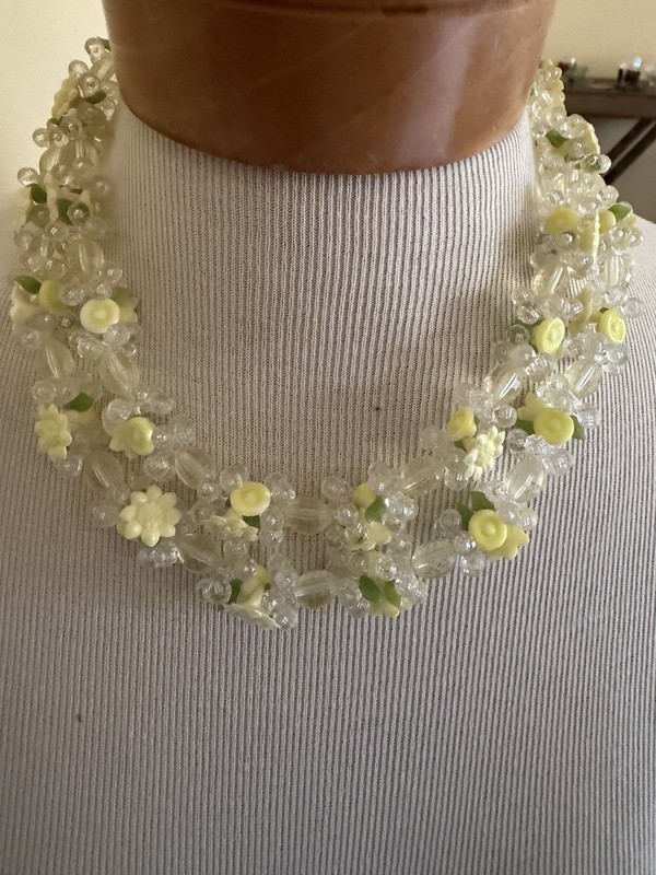 Vintage 1960s West German Floral Sunglower  Multi Strand Yellow Green Necklace