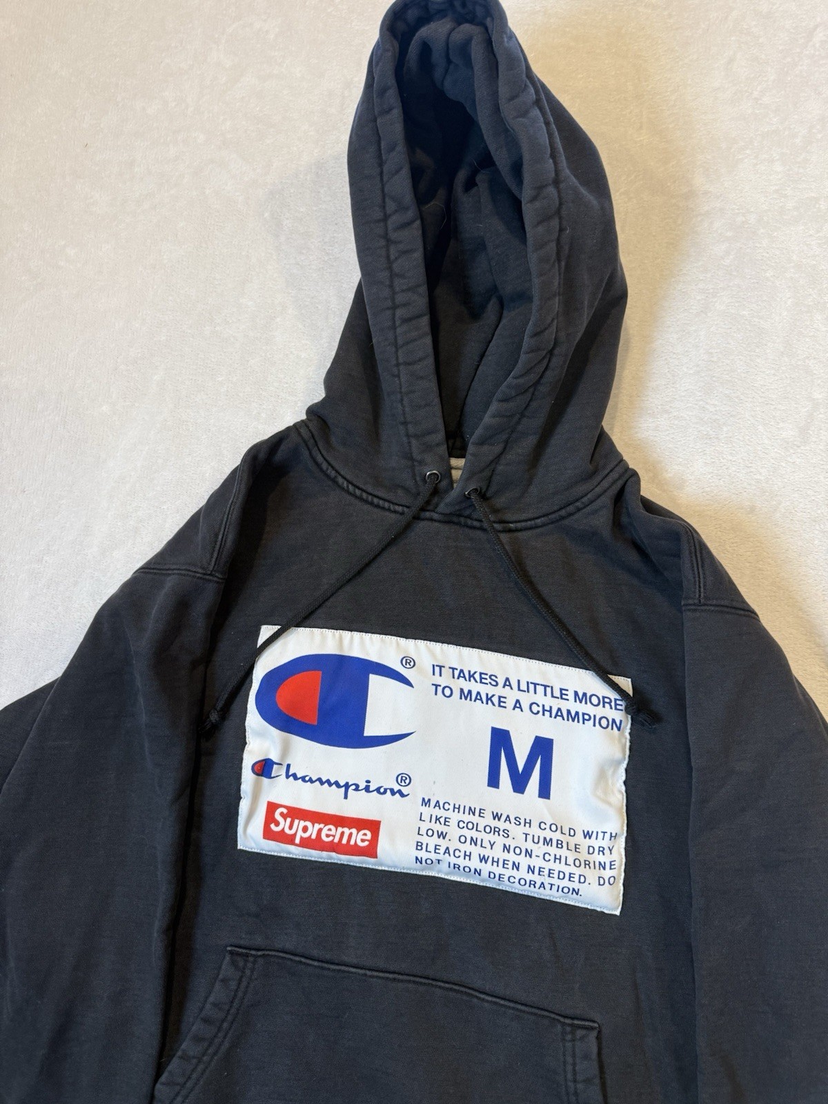 Supreme x Champion Label Hooded Sweatshirt Black Size Medium image 2