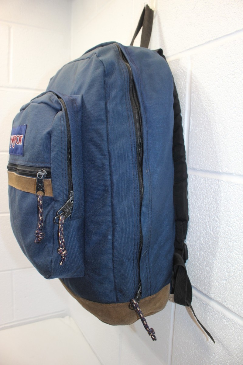 Vintage USA MADE Jansport Leather Bottom Backpack Navy Blue Canvas
