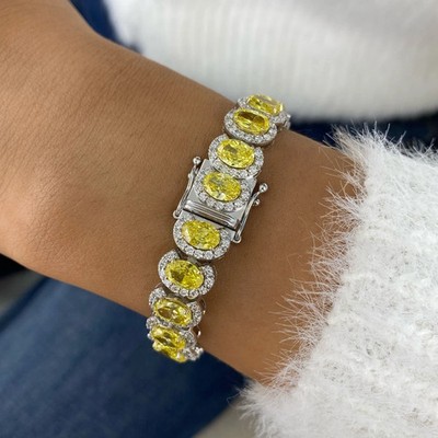 18Ct Oval Cut Lab Created Yellow Sapphire Mens Bracelet 14k White Gold Plated 8''