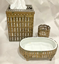 VTG 3 piece metal batroom set -tissue box cover, soap dish , glass holder Bamboo