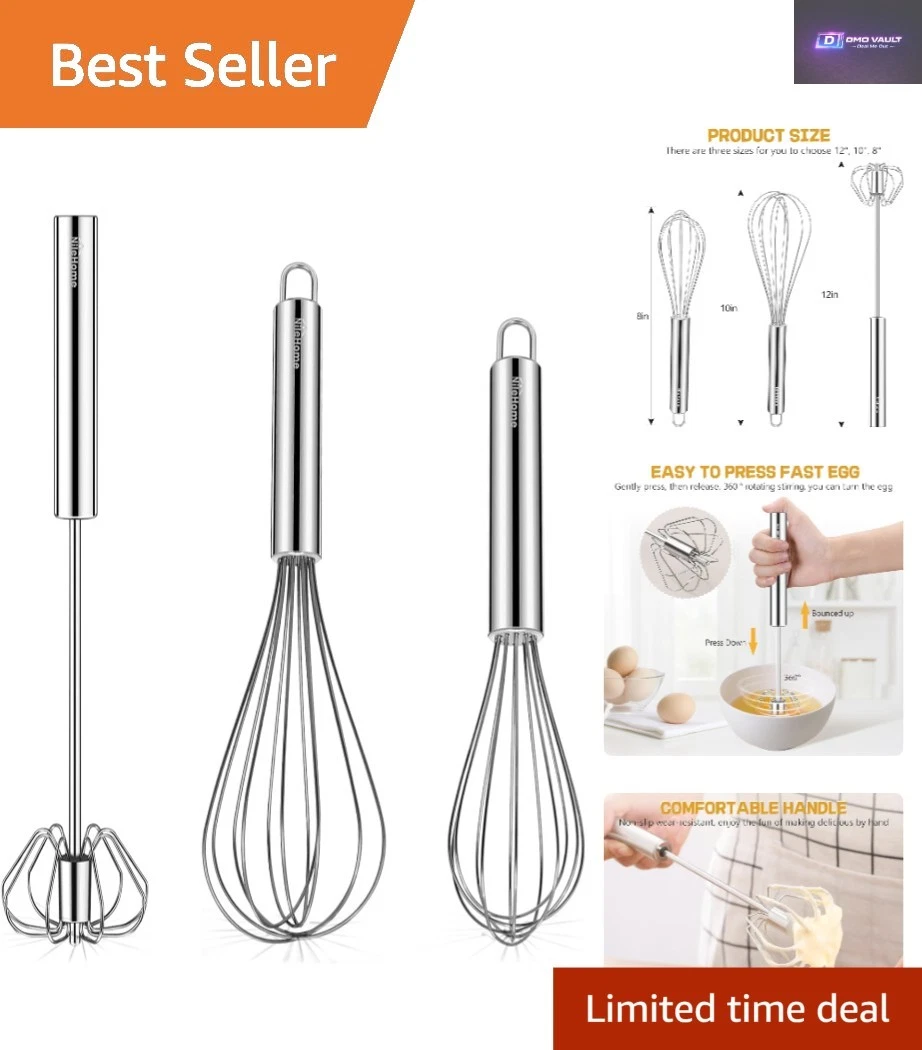 Lightweight Stainless Steel Kitchen Whisk Set - 3 Sizes for Effortless Blending