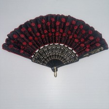 Folding Hand Fan Sequin Red w/Black Lace open size 16.5x9"