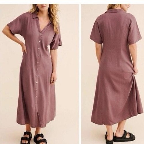 Madewell Mauve Linen Shirt Dress V-Neck Button Short Sleeve Midi S