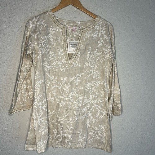 NEW Barbara Gerwit 100% Linen Tunic Top Beaded Tan Coastal Vacation Lagenlook