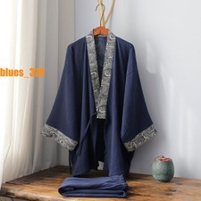 Japanese Men's Crepe Cotton Yukata Pajamas Set Kimono Top Pants Sleepwear Robes