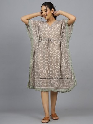 Anokhi Hand Block Indisch Baumwolle Kaftan Lang Beachwear Nacht Maxi Abendkleid