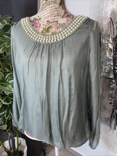 Peccaminoso ELEGANTE Ital. Camicia tunica NUOVA blusa perle seta V Milano 36 38 40
