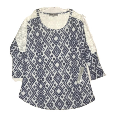Absolutely Famous Shirt Women s Large Blue Geometric White Laced Top Dolman NWT