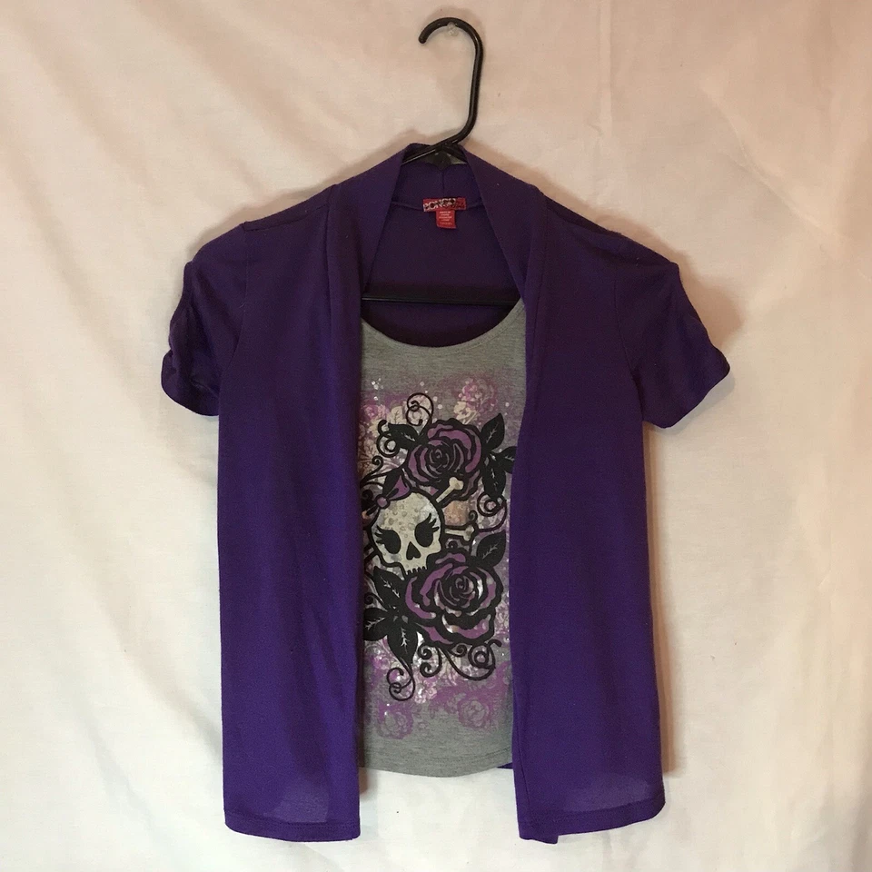 Camisa Y2K Bongo Niña Púrpura Calavera Dos Capas Foto 3 de 4
