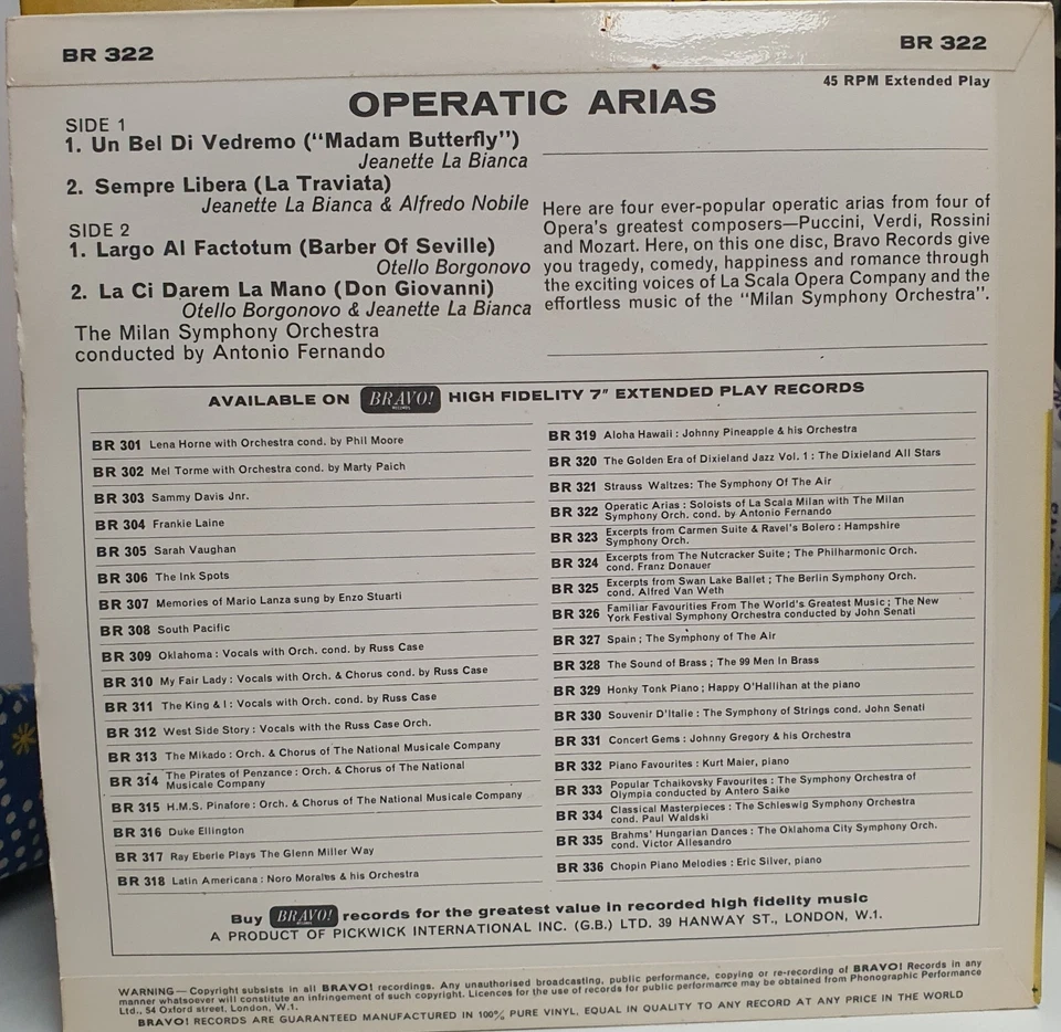 Bravo 45RPM Vinyl 7"EP Operatic Arias La Scala Opera Company Milan Symphony 1964 - Image 2 of 4
