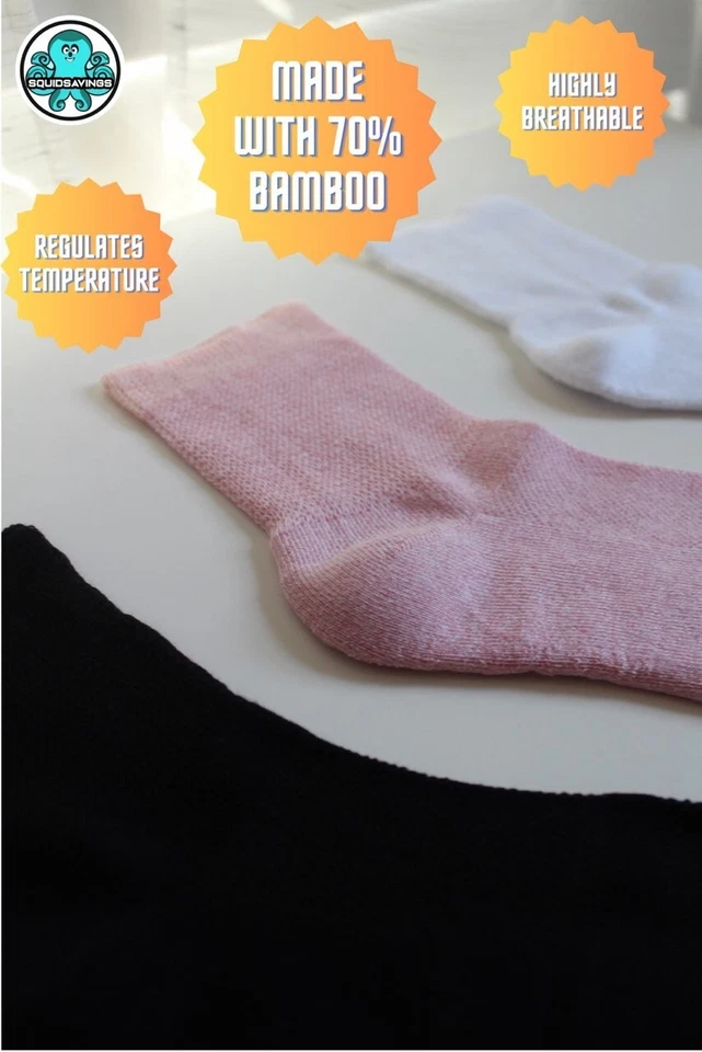 3 pares de calcetines rosas unisex para diabéticos - talla grande (10-12) **Hechos con bambú** Foto 3 de 4