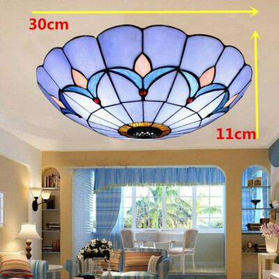 12''Tiffany Style Stained Glass Flush Mount Vintage Ceiling Light Lamp Fixture