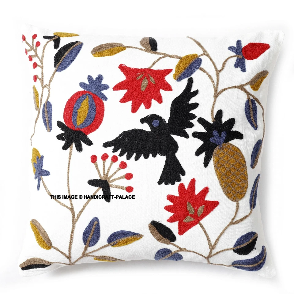 Indian Suzani Bird Embroidered Cushion Cover 16" Cotton Square Throw Pillow Case - Image 2 of 3